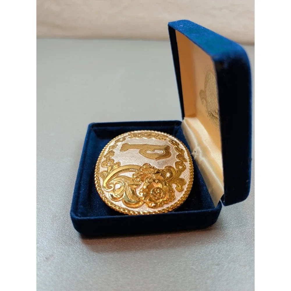 Vintage Crumrine Gold Tone Belt Buckle Initial P Floral Western Award Design Box